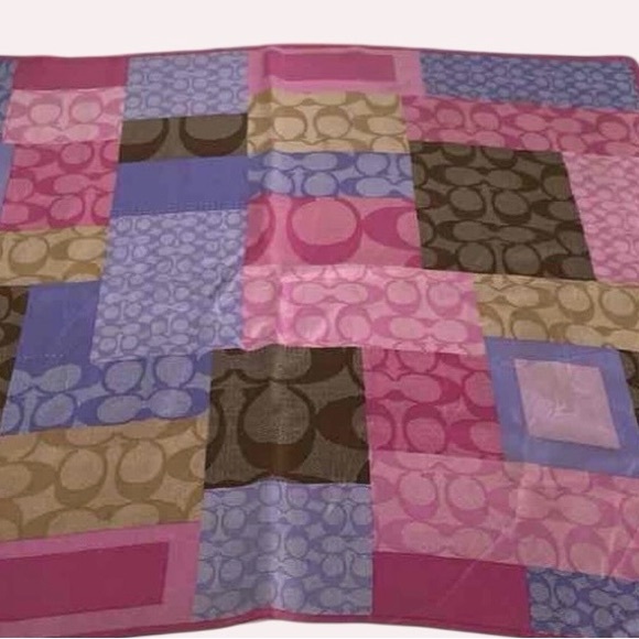 Coach Accessories - Coach Patchwork Signature Silk Scarf Pink Purple Brown Logo Square
